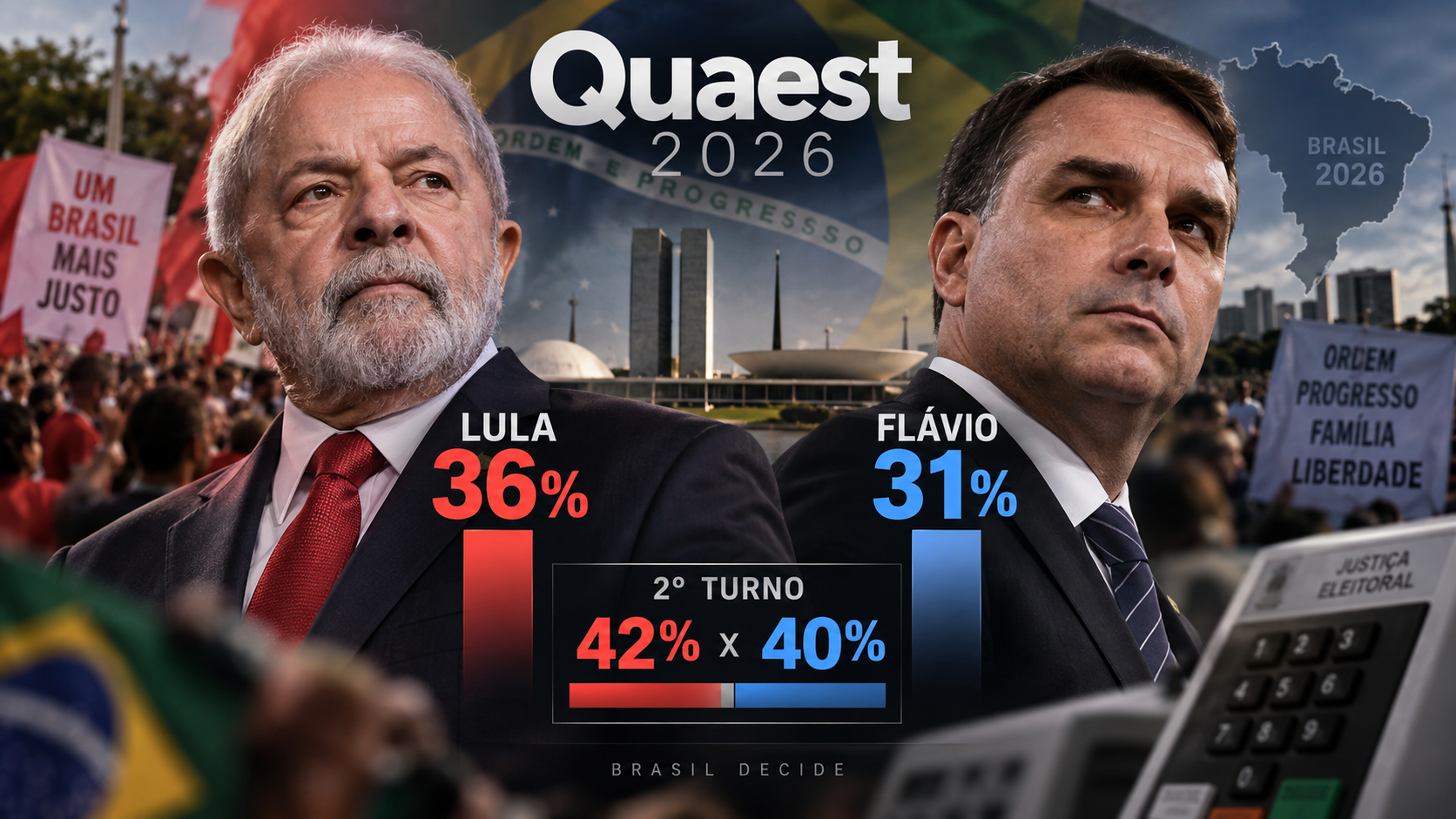 Quaest: Lula lidera primeiro turno, mas Flávio Bolsonaro aparece numericamente à frente no segundo